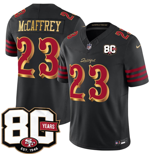 Men's Black San Francisco 49ers #23 Christian McCaffrey 80th Anniversary Patch “Rivalries” 2026 F.U.S.E. Vapor Untouchabl Limited Stitched Football Jersey